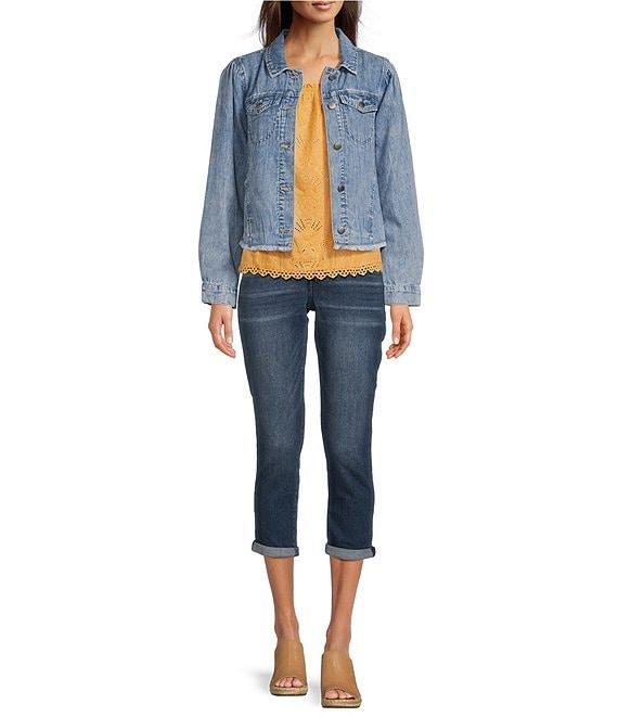 Democracy Point Collar Long Sleeve Frayed Hem Chest Flap Pocket Button Front Denim Jacket Product Image
