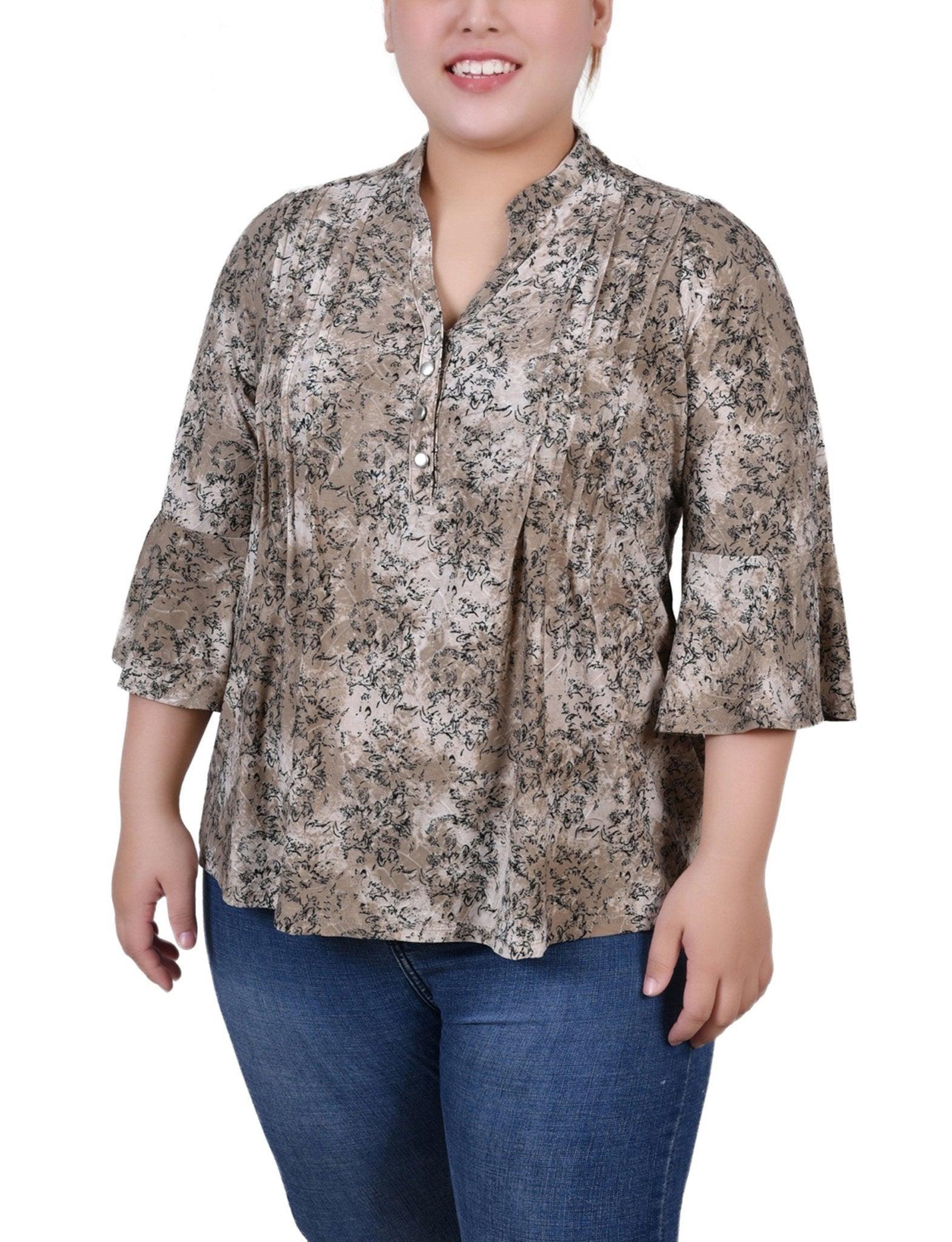 Taupe Etch 3/4 Bell Sleeve Pleat Front Y Neck Top - Plus Product Image