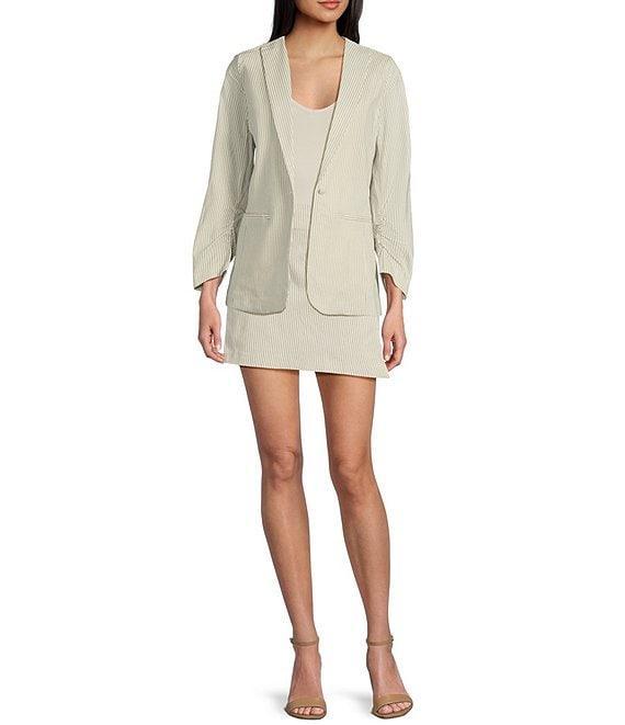 Takara Striped Notch Collar 3/4 Sleeve Shirred Blazer Jacket Product Image