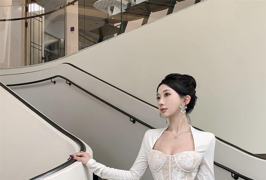 Long Sleeve Square Neck Floral Lace Maxi Bodycon Dress Product Image
