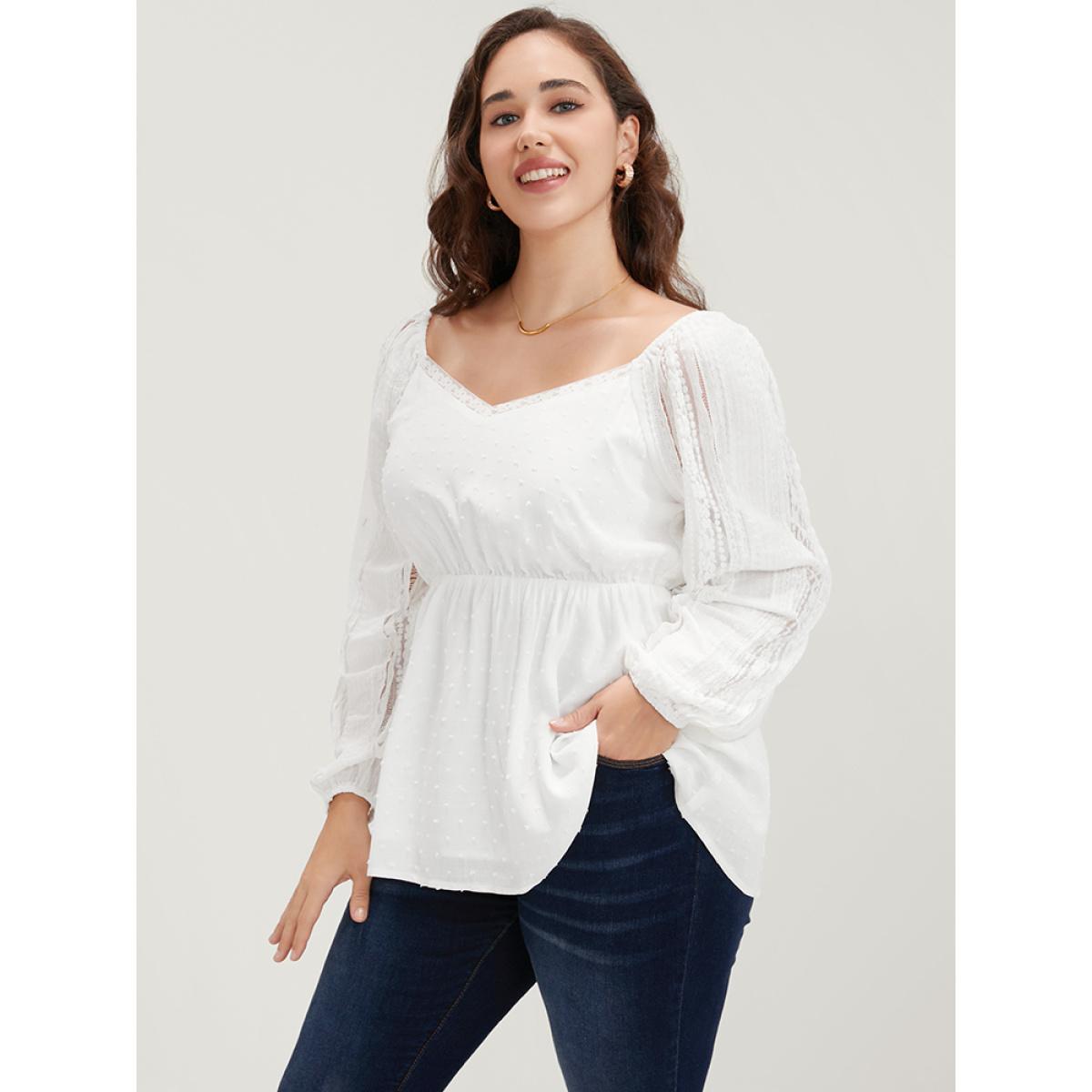 Plus Size WhiteSmoke Solid Lace Patchwork Lantern Sleeve Blouse Women Elegant Long Sleeve V-neck Dailywear Blouses BloomChic 12/L Product Image
