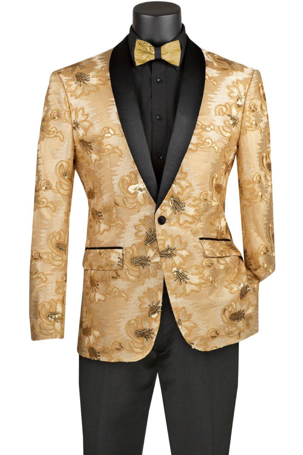 Champagne Embroidery Slim Fit Jacket Shawl Lapel with Bow Tie Product Image