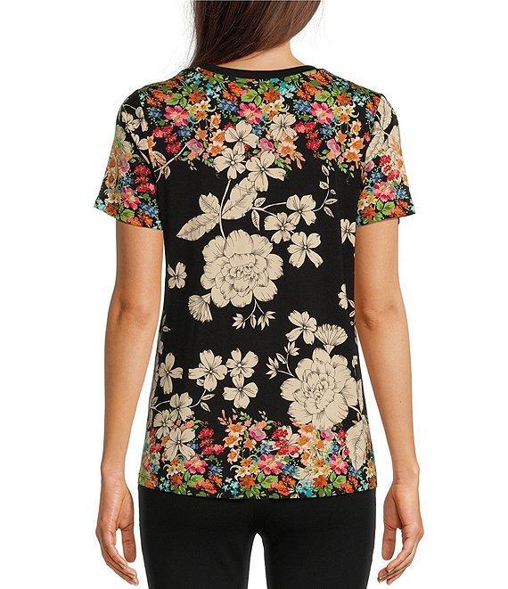 JOHNNY WAS Redland Favorite Bamboo Stretch Knit Floral Print V-Neck Short Sleeve Tee Shirt Product Image