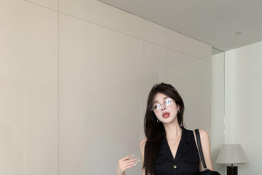 Sleeveless Lapel Collar Plain Button Top / Plain Open Crop Jacket / High Waist Plain Mini A-Line Skirt / Set Product Image