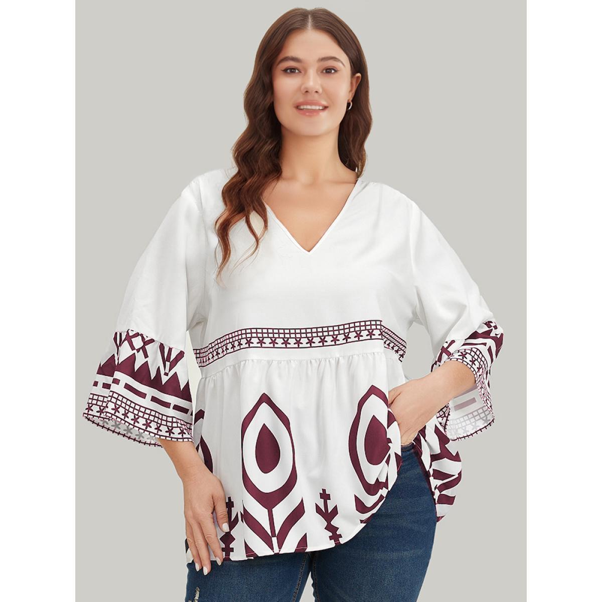 Plus Size Scarlet Silhouette Floral Print Bell Sleeve Ruffle Hem Blouse Women Vacation Elbow-length sleeve V-neck Dailywear Blouses BloomChic 14-16/1X Product Image