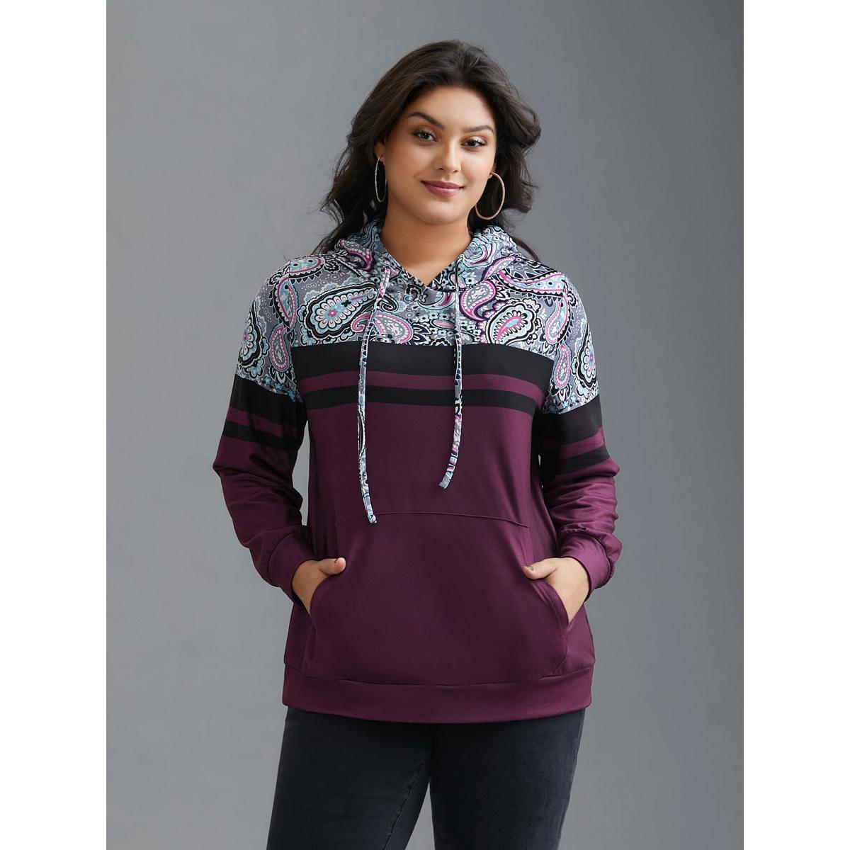 Plus Size Bandana Print Stretchy Contrast Hoodie Women Multicolor Casual Contrast Hooded Everyday Sweatshirts BloomChic 14-16/1X Product Image