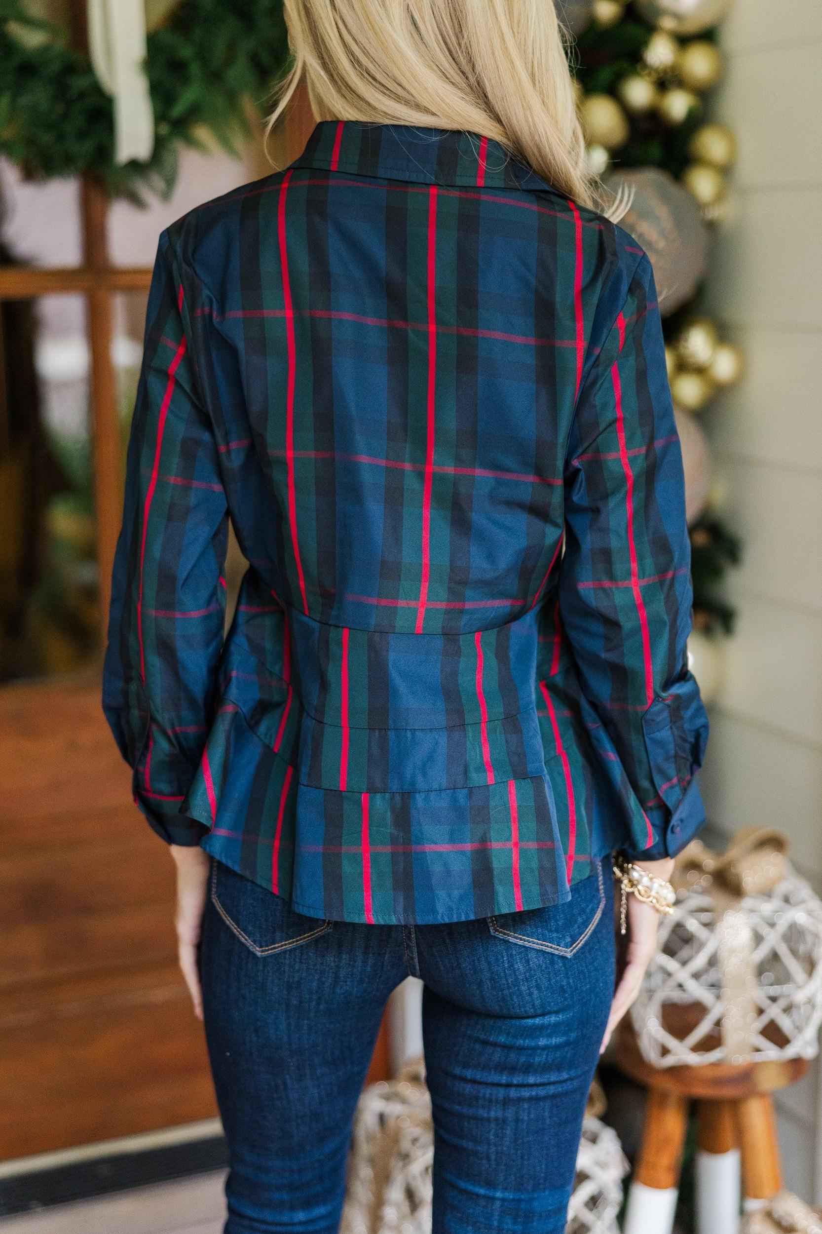 In Control Navy Blue Plaid Button Down Blouse Female Product Image