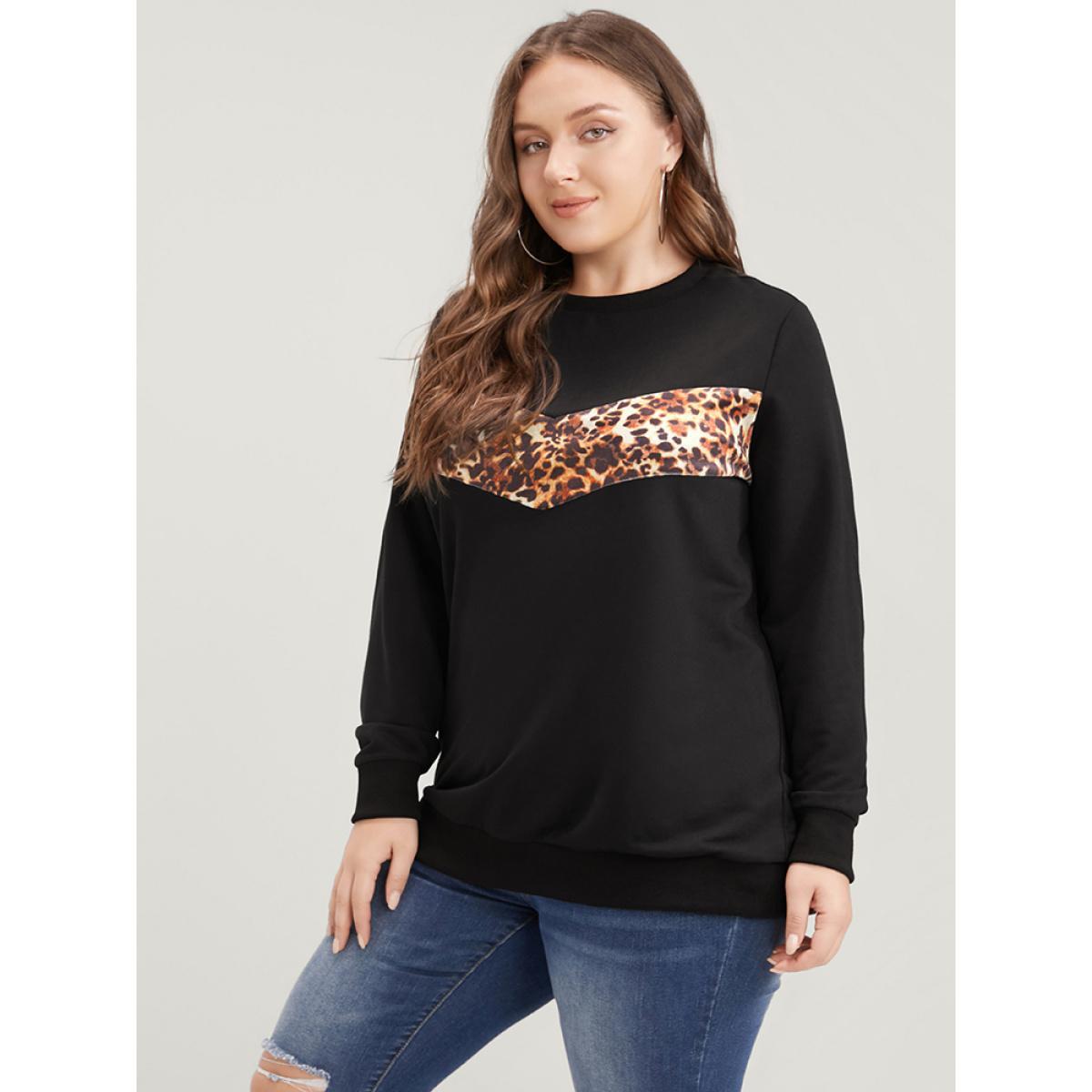 Plus Size Leopard Patchwork Round Neck Drop Shoulder Sweatshirt Women Black Casual Patchwork Round Neck Dailywear Sweatshirts BloomChic 26/4X Product Image