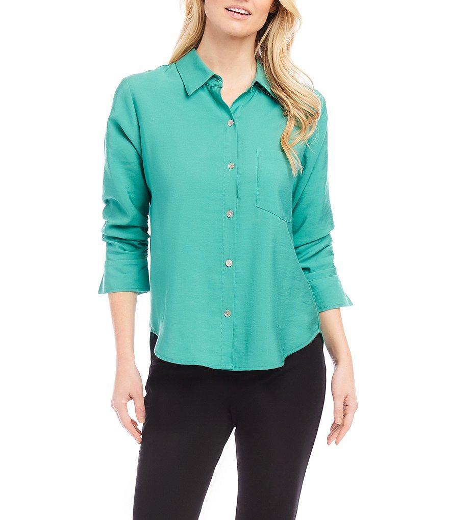 Karen Kane Button Down Collar 3/4 Ruched Sleeve Top Product Image