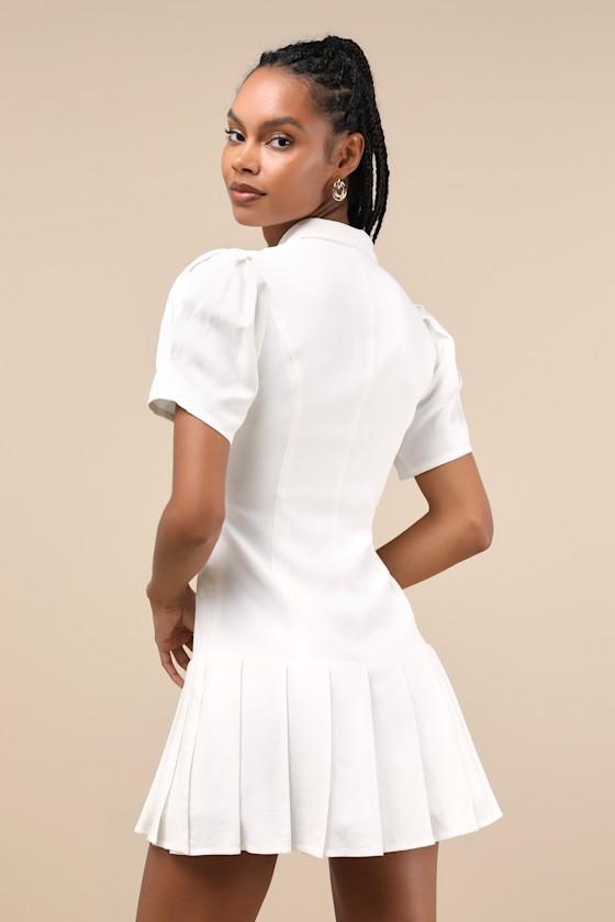 Endearing Attitude Ivory Collared Pleated Drop Waist Mini Dress Product Image