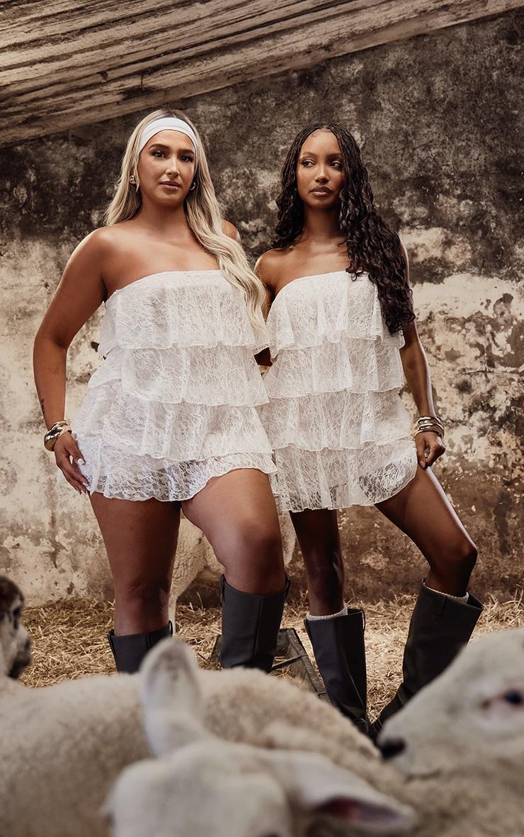 Plus White Lace Tiered Ruffle Micro Mini Dress Product Image