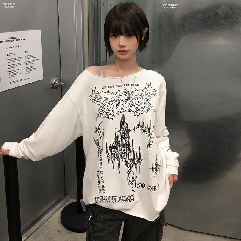 Long Sleeve Drop Shoulder Printed Oversized T-Shirt Product Image