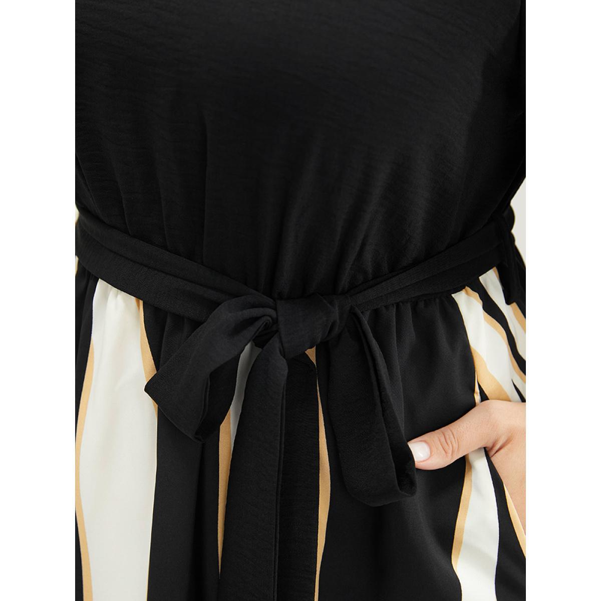 Plus Size Striped Patchwork Ruffle Sleeve Pocket Belted Keyhole Dress Black Women Office Lined Keyhole Cut-Out Short sleeve Curvy Midi Dress BloomChic 28/5X Product Image