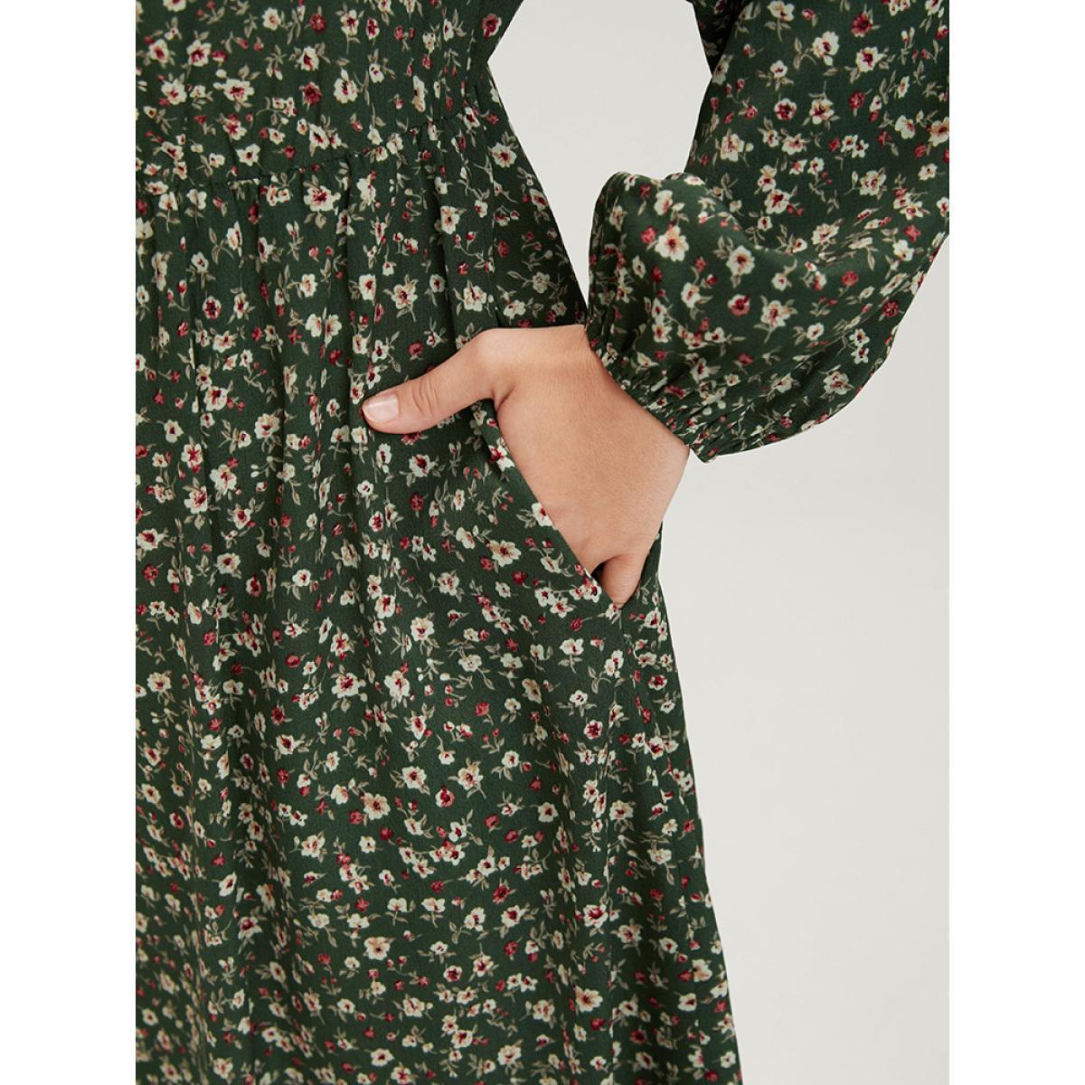 Plus Size Ditsy Floral Pocket Puff Sleeve Fake Button Ruffles Hem Dress Green Women Elegant Button V-neck Long Sleeve Curvy Midi Dress BloomChic 22-24/3X Product Image