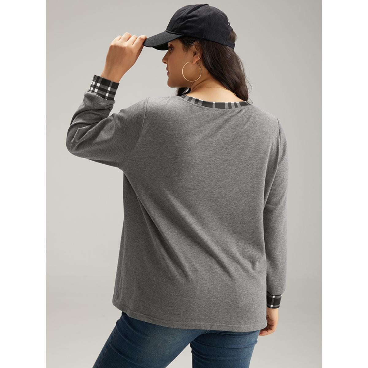 Plus Size Gingham Round Neck Pocket Patchwork Sweatshirt Women DimGray Casual Patchwork Round Neck Dailywear Sweatshirts BloomChic 10/M Product Image