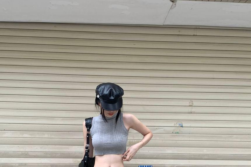 Mock Neck Plain Ribbed Knit Crop Tank Top / Low Rise Studded Flared Jeans Product Image
