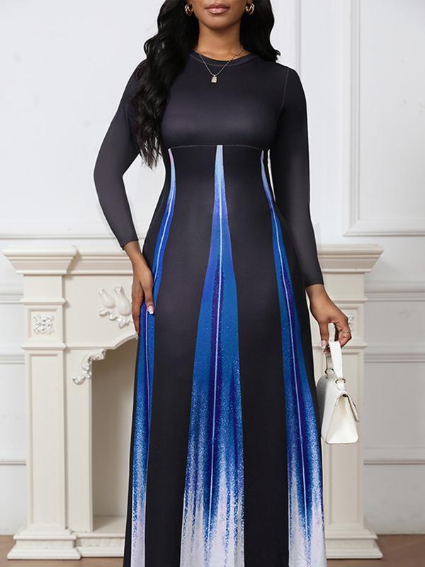 A-Line High Waisted Gradient Pockets Printed Split-Joint Round-Neck Maxi Dresses Product Image