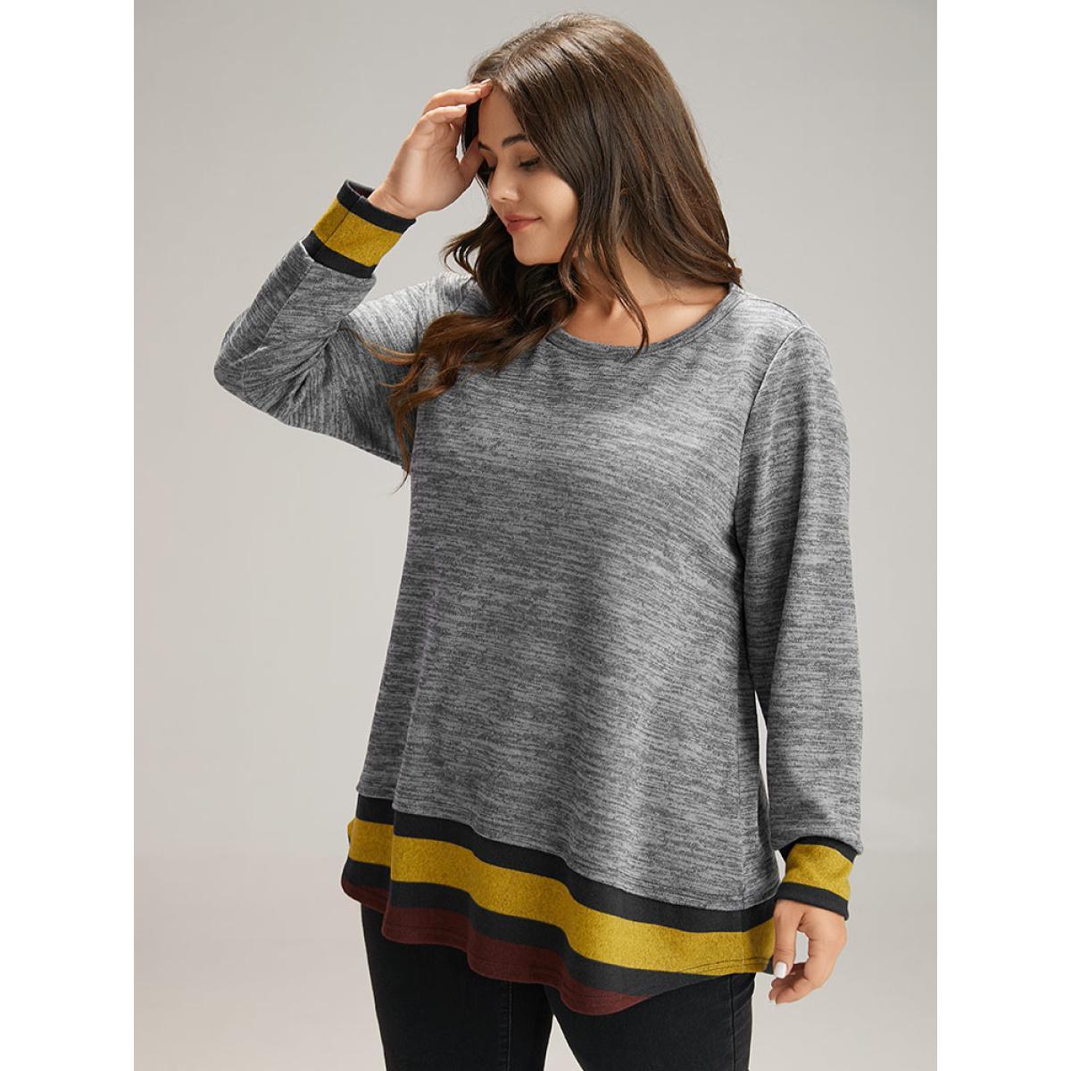 Plus Size Striped Heather Patchwork Curved Hem Sweatshirt Women Gray Casual Contrast Round Neck Dailywear Sweatshirts BloomChic 22-24/3X Product Image