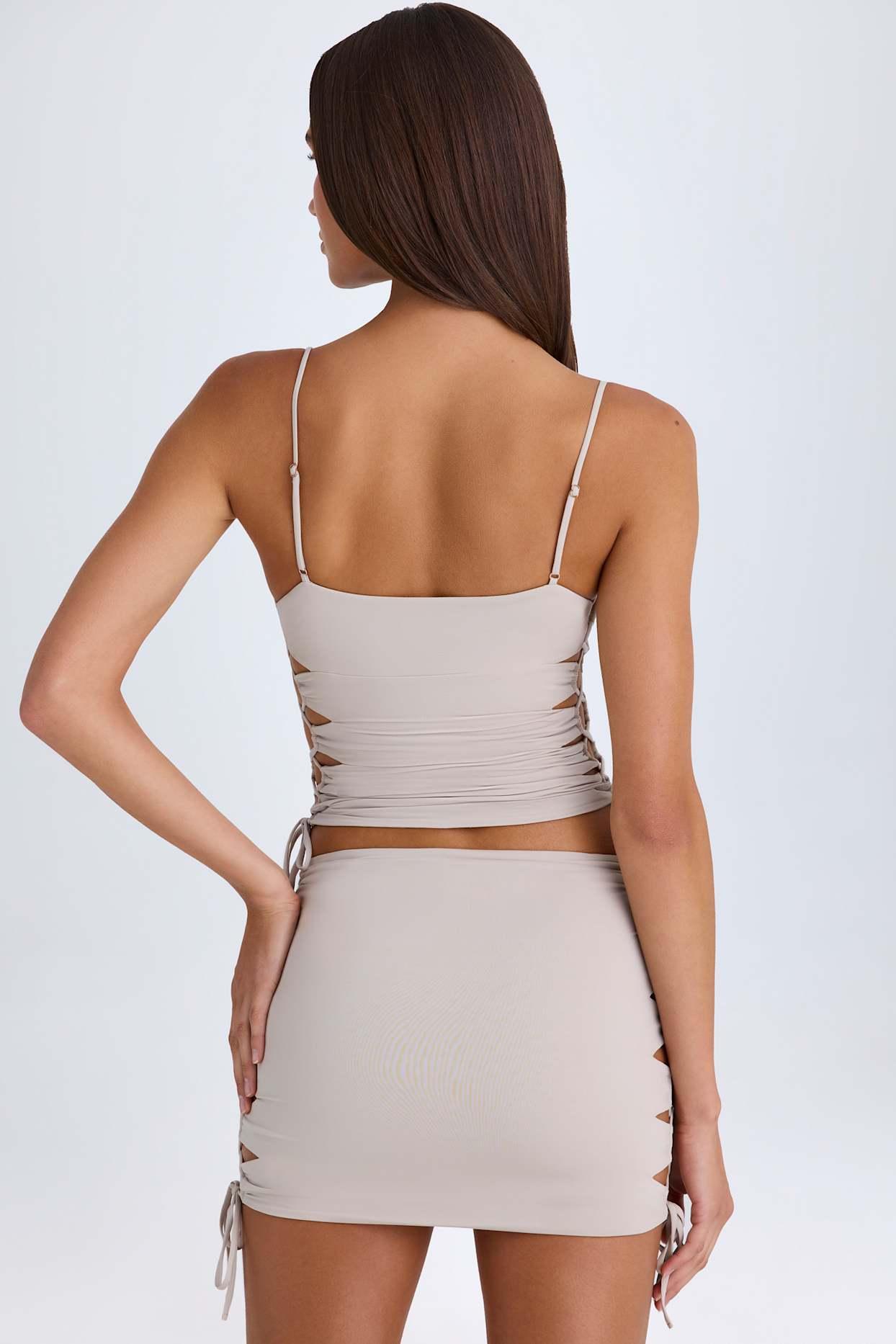 Ruched Cut-Out Mini Skirt in Taupe Product Image