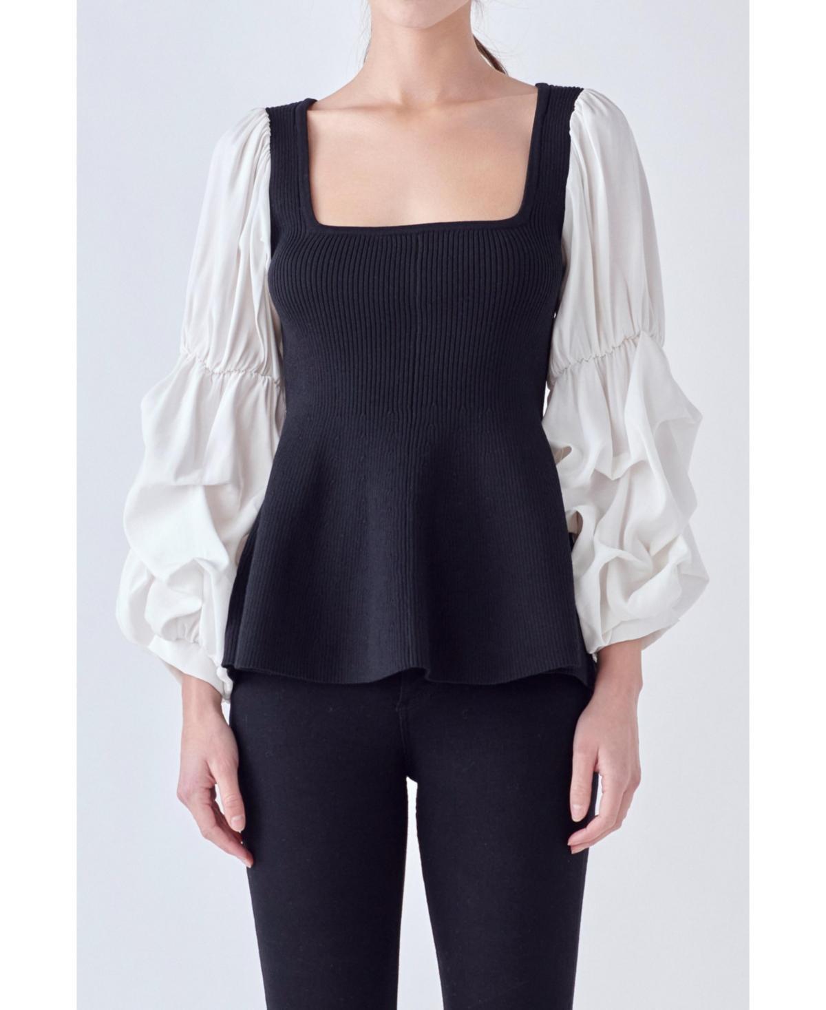 English Factory Mixed Media Ribbed Top White) Women's Clothing Product Image