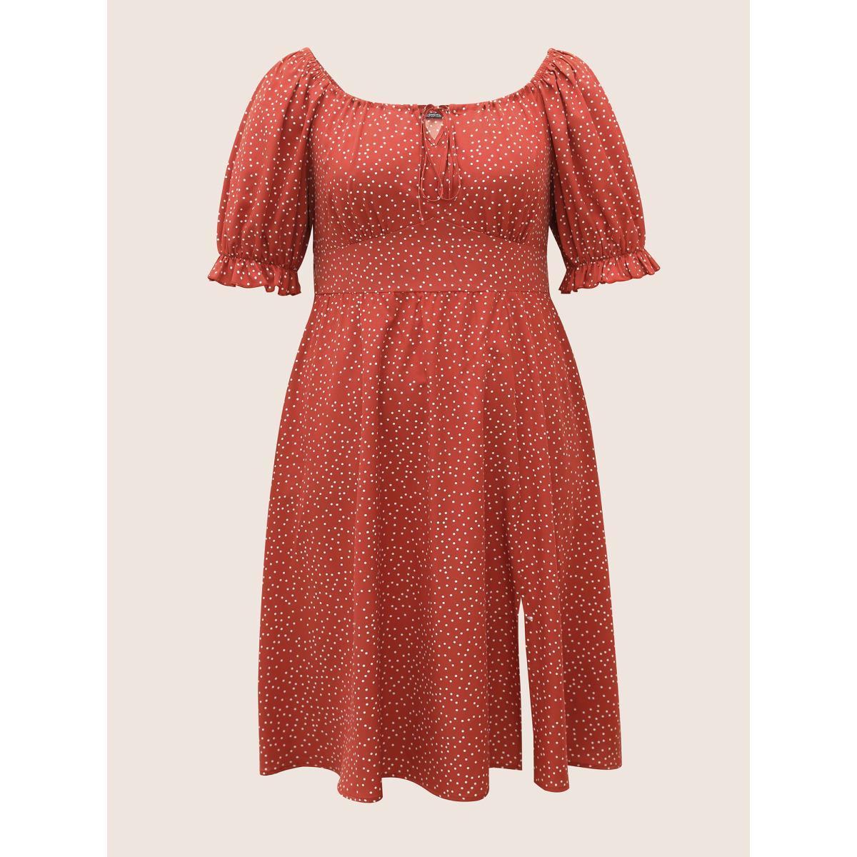 Plus Size Polka Dot Ties Lantern Sleeve Gathered Dress Rust Women Elegant Non Square Neck Short sleeve Curvy Midi Dress BloomChic 22-24/3X Product Image