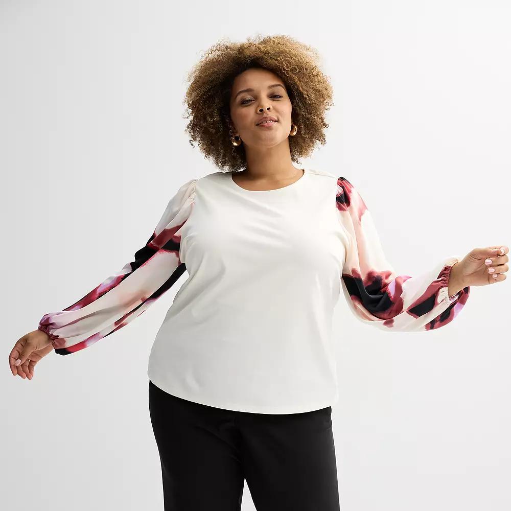 Plus Size Nine West Mixed Long Puff Sleeve Crewneck Top, Women's, Size: 2XL, Black Bold Leaf Product Image