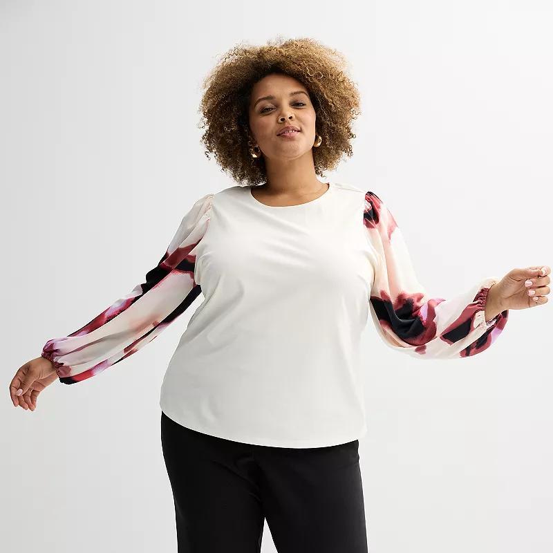 Plus Size Nine West Mixed Long Puff Sleeve Crewneck Top, Women's, Size: 2XL, Black Bold Leaf Product Image