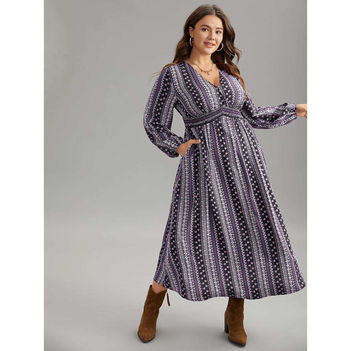 Plus Size Bandana Print Wrap Shirred Dress DarkViolet Women Resort Elastic cuffs V-neck Long Sleeve Curvy Midi Dress BloomChic 30/6X Product Image
