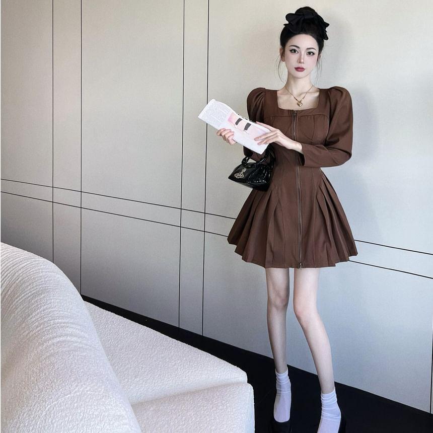 Long-Sleeve Square Neck Zip-Up Plain Mini A-Line Dress Product Image