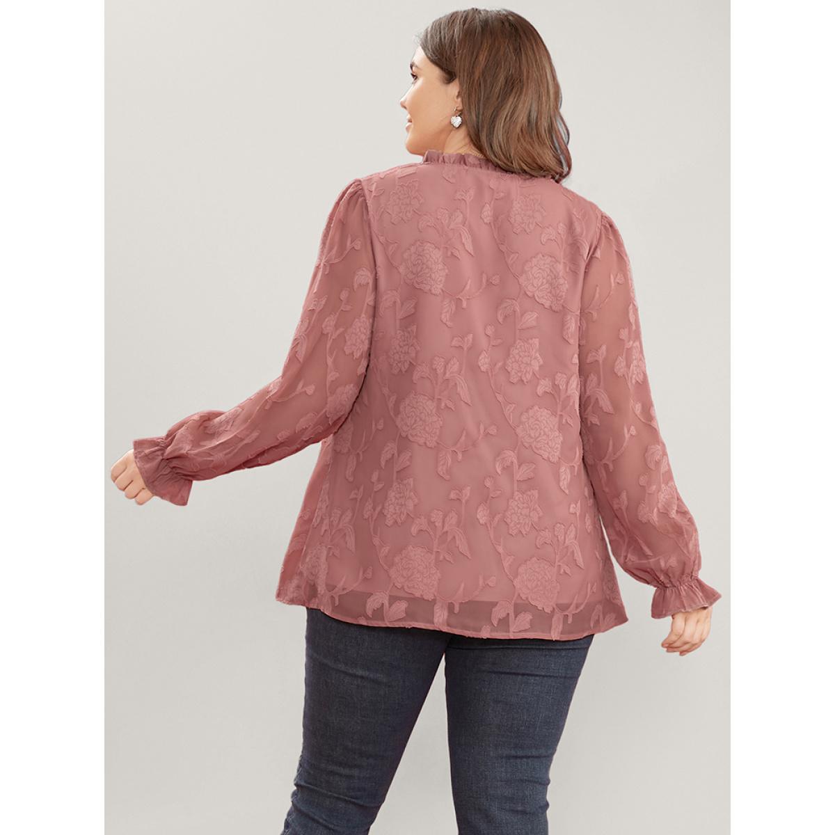 Plus Size DustyPink Floral Print Tie Neck Frill Trim Lantern Sleeve Blouse Women Glamour Long Sleeve V-neck Dailywear Blouses BloomChic 14-16/1X Product Image