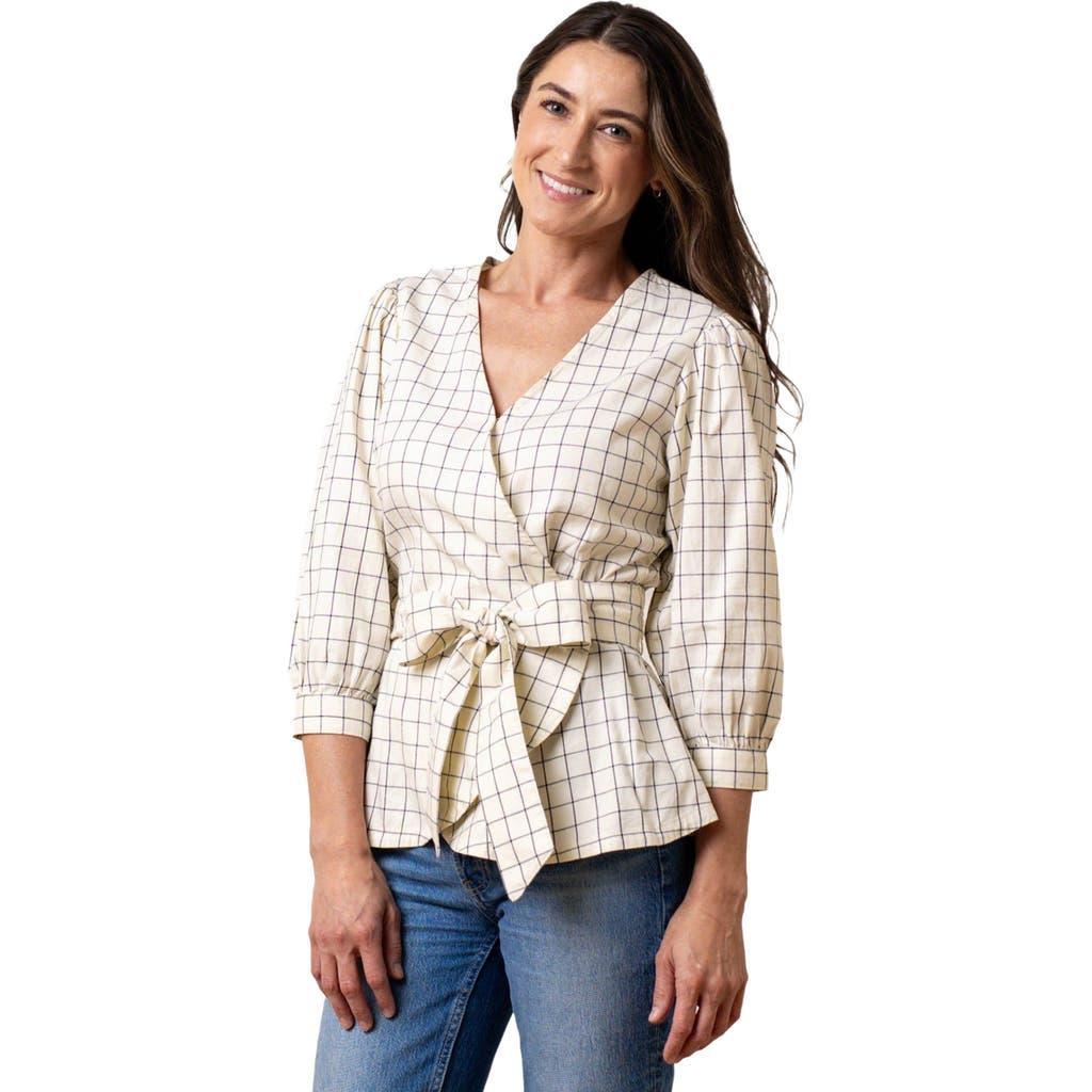 Hope & Henry Women's Puff Sleeve Wrap Top in Ivory And Navy Windowpane at Nordstrom, Size 4 Product Image