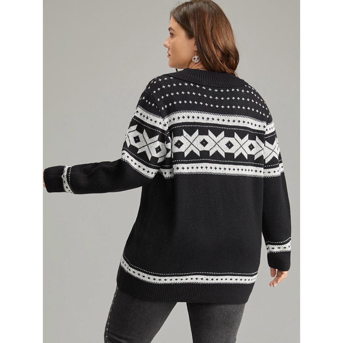 Plus Size Geometric Contrast Button Through Cardigan Black Women Casual Loose Long Sleeve Dailywear Cardigans BloomChic 22-24/3X Product Image