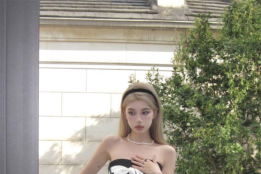 Strapless Pinstriped Bow Mini A-Line Dress Product Image