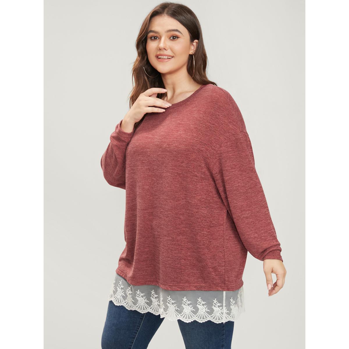 Plus Size Solid Round Neck Lace Hem Long Tee Raspberry Women Elegant Patchwork Plain Round Neck Dailywear T-shirts BloomChic 28/5X Product Image
