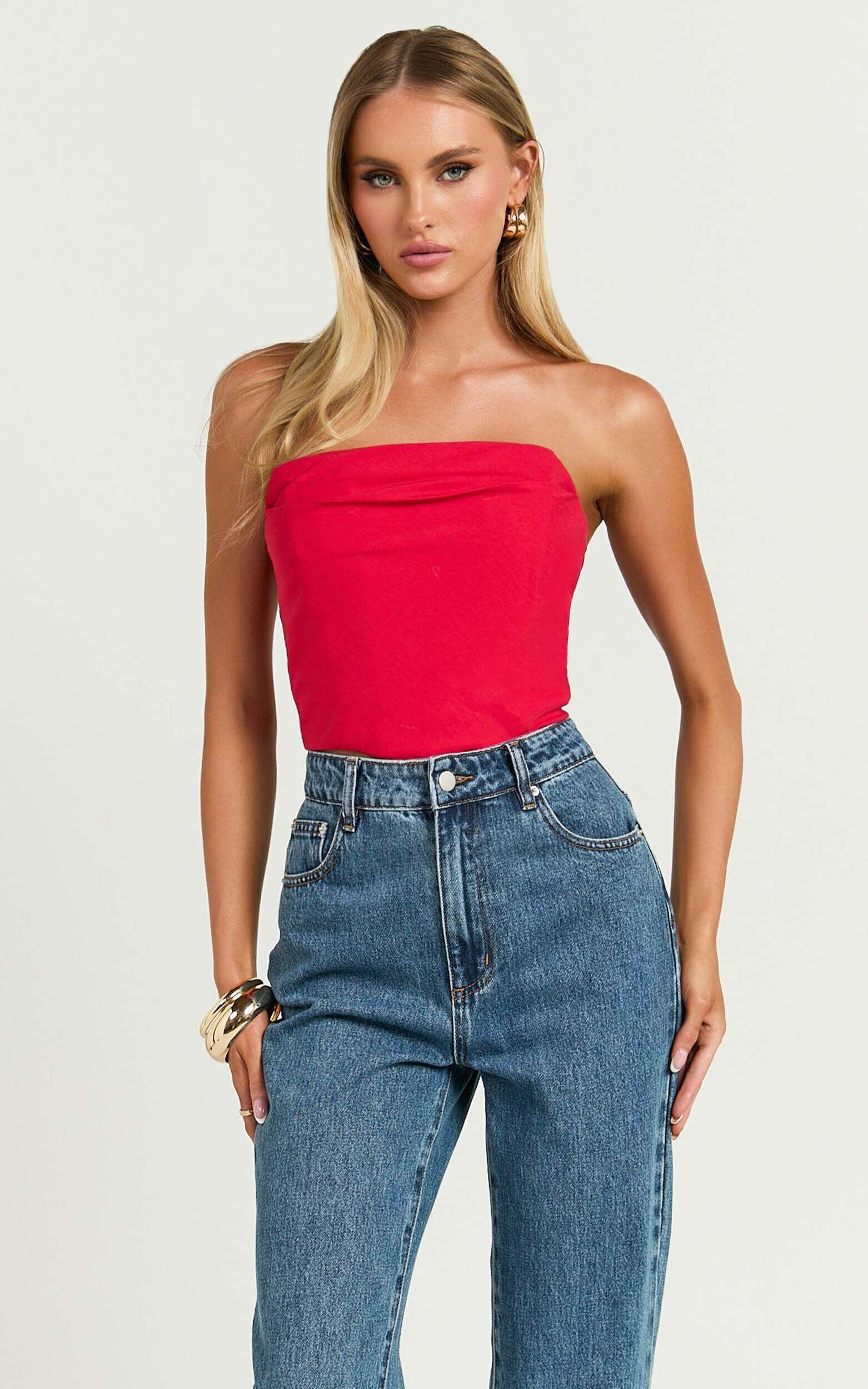 Marcelle Top - Strapless Cowl Corset Satin Top in Red Product Image