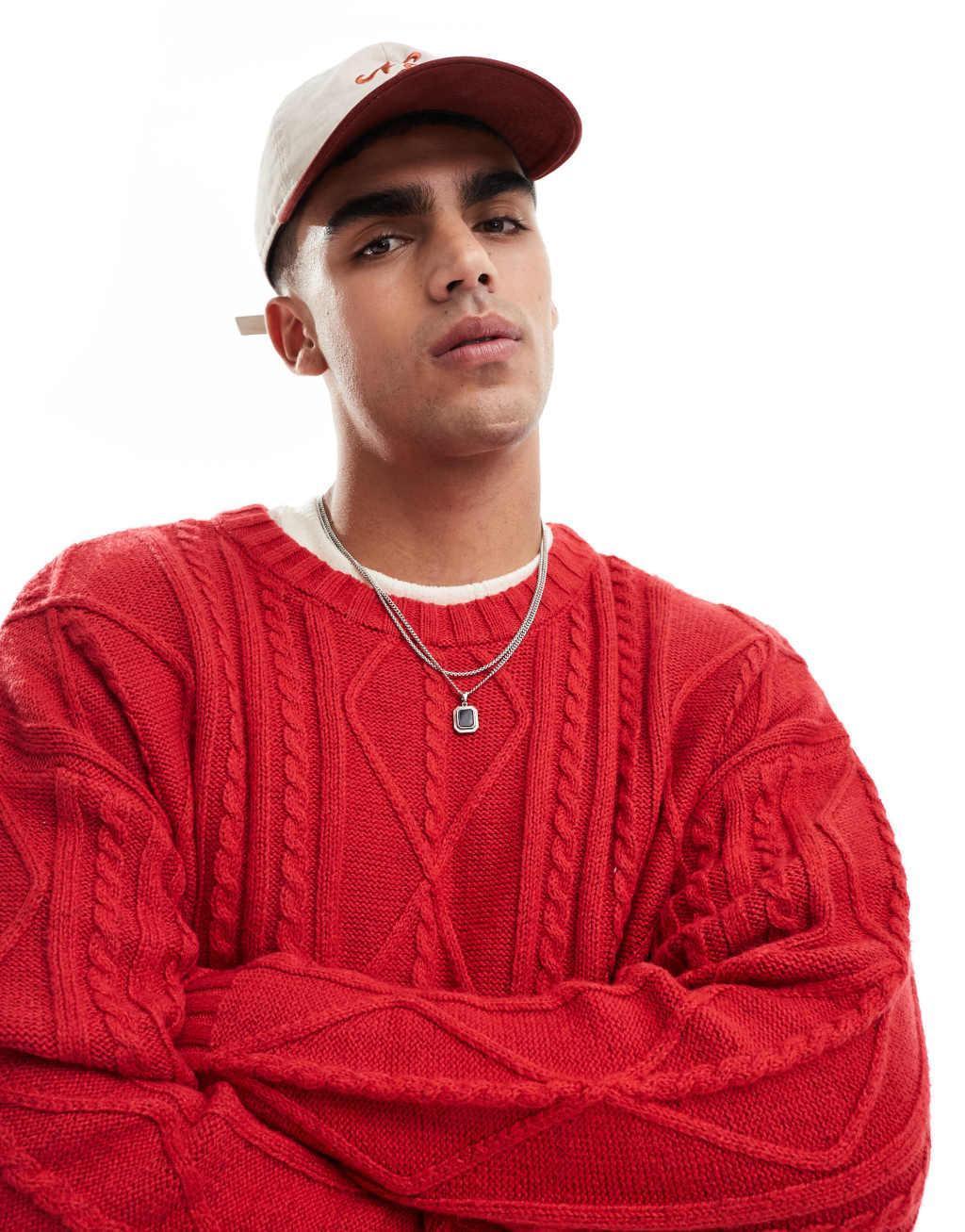 Cotton On cable knit crew neck sweater in red Product Image