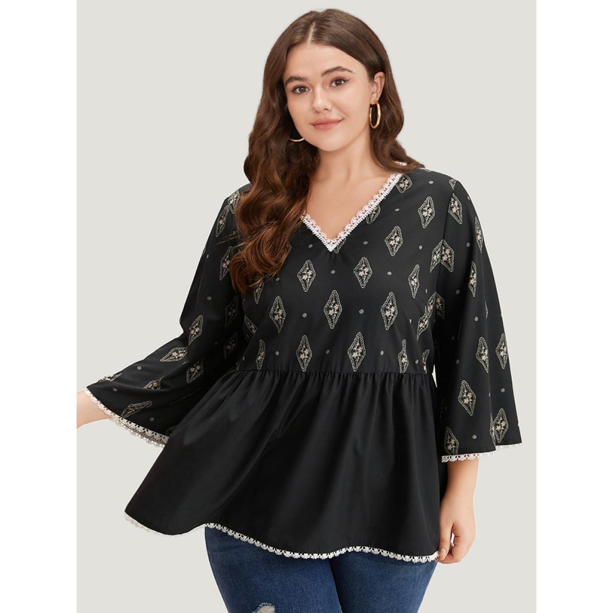 Plus Size Black Boho Print Guipure Lace V Neck Bell Sleeve Blouse Women Vacation Elbow-length sleeve V-neck Dailywear Blouses BloomChic 28/5X Product Image