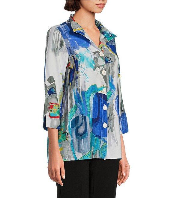 Ali Miles Abstract Print Wire Collar 3/4 Sleeve Button Front Tunic Product Image