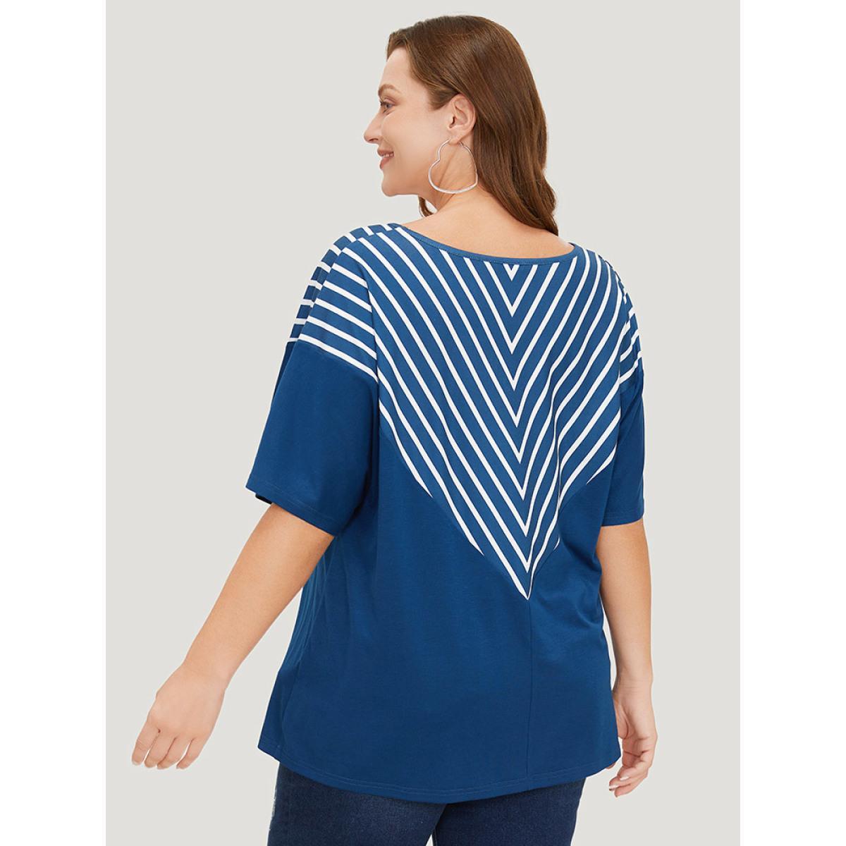 Plus Size Striped V Neck Batwing Sleeve Geometric T-shirt DarkBlue Women Casual Geometric V-neck Dailywear T-shirts BloomChic 22-24/3X Product Image