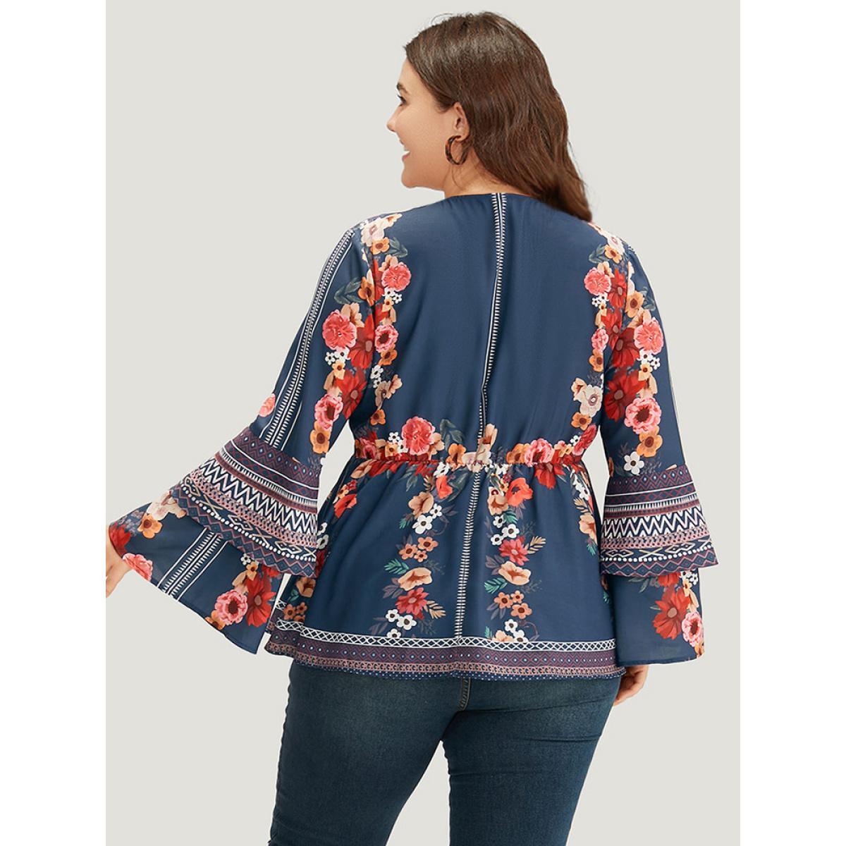 Plus Size Stone Boho Print V Neck Elastic Waist Bell Sleeve Blouse Women Vacation Long Sleeve V-neck Vacation Blouses BloomChic 18-20/2X Product Image