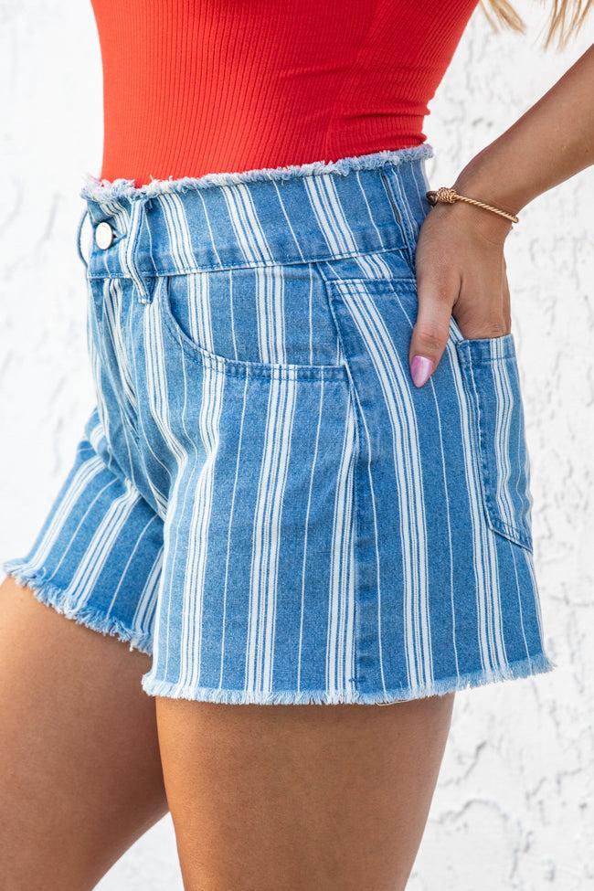 Talk To You Again Striped Chambray Shorts FINAL SALE Product Image