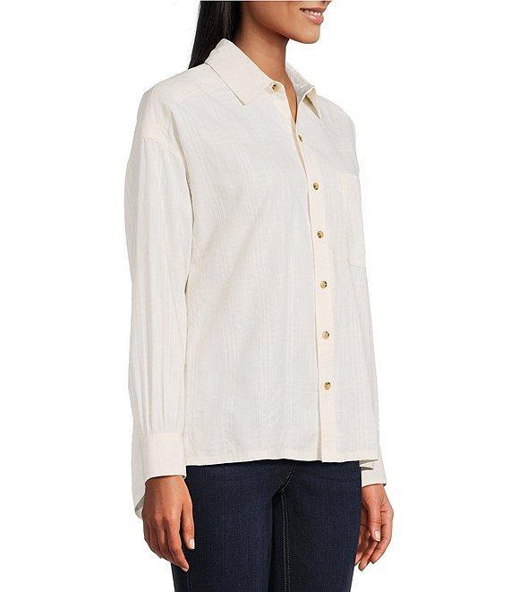 Westbound Petite Size Woven Plaid Collared Oversized Long Sleeve Top Product Image