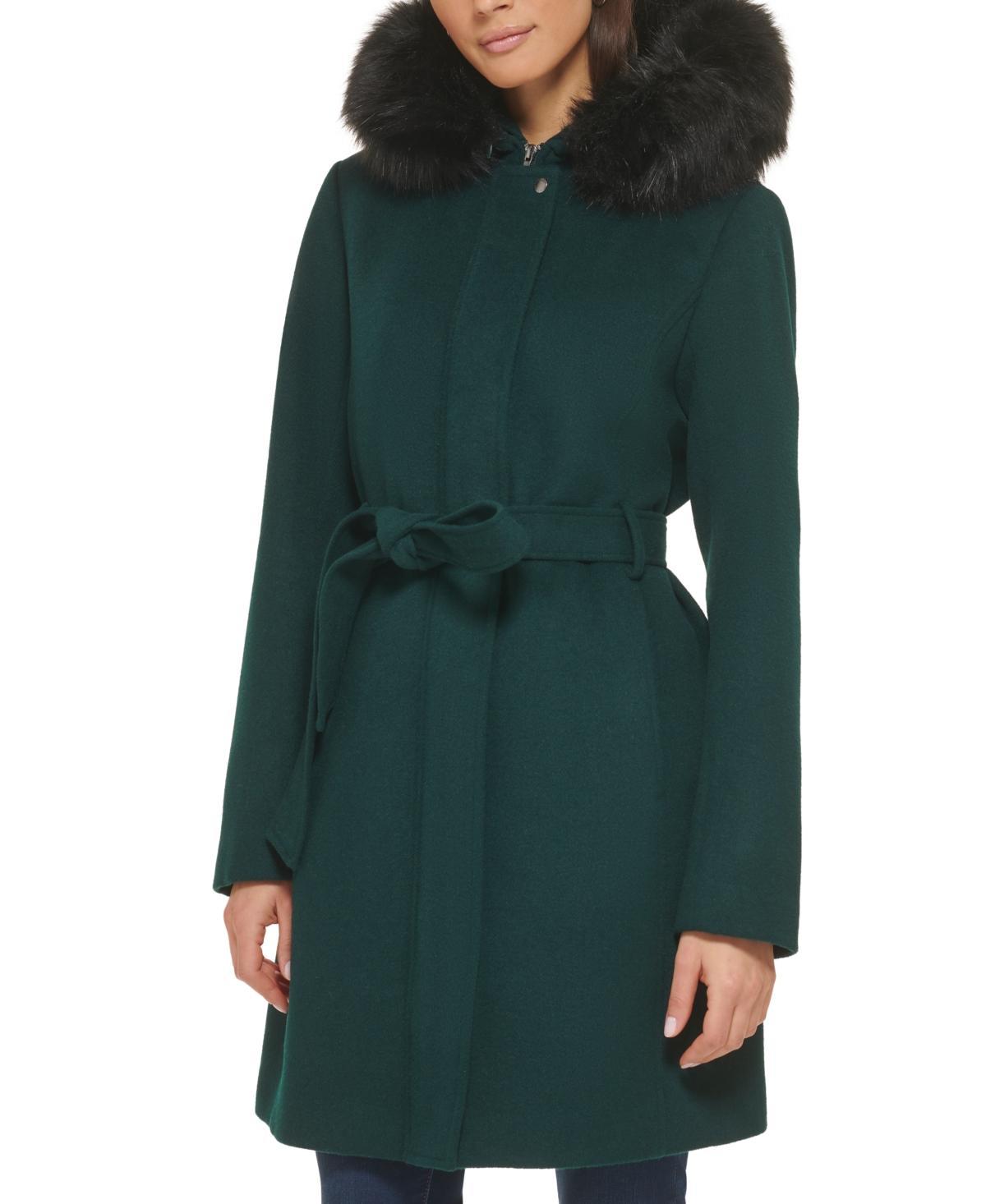 Cole Haan Womens Belted Faux-Fur-Trim Hooded Coat Product Image