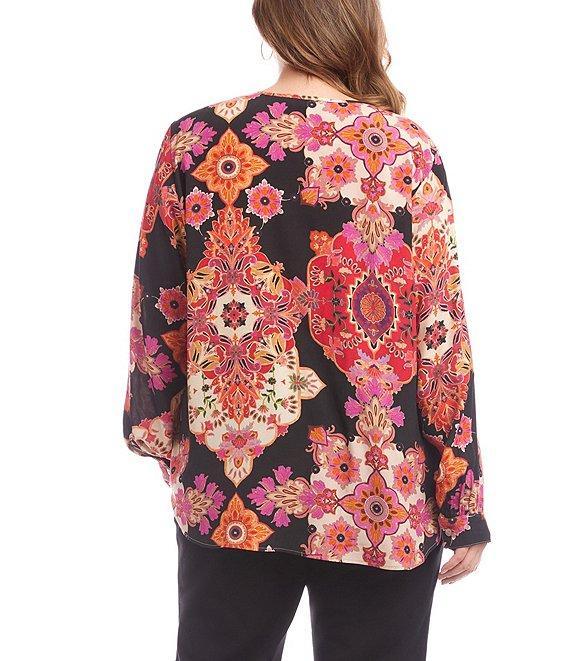 Karen Kane Plus Size Woven Bold Medallion Floral V-Neck Long Sleeve Tunic Product Image