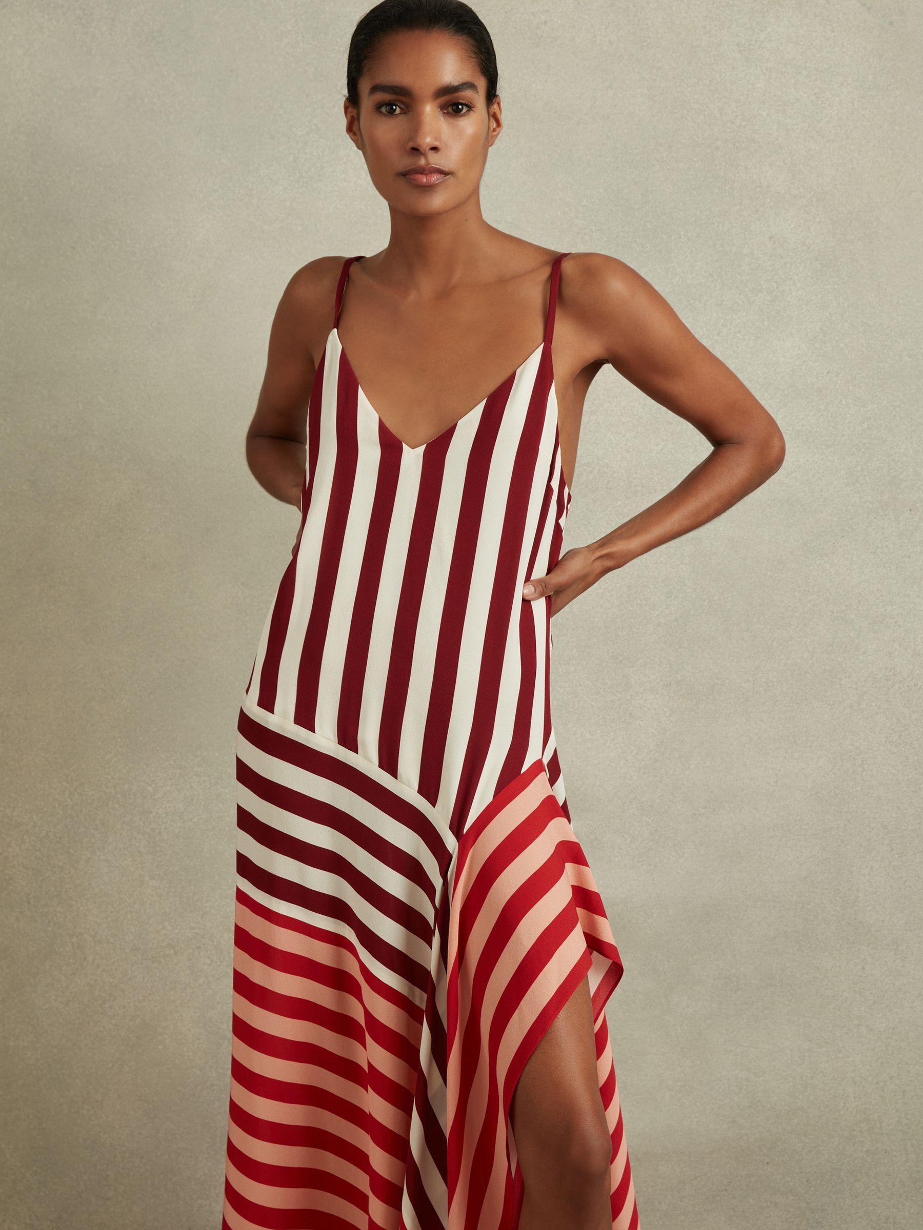 Colourblock Stripe Asymmetric Midi Dress in Burgundy/Off White Product Image