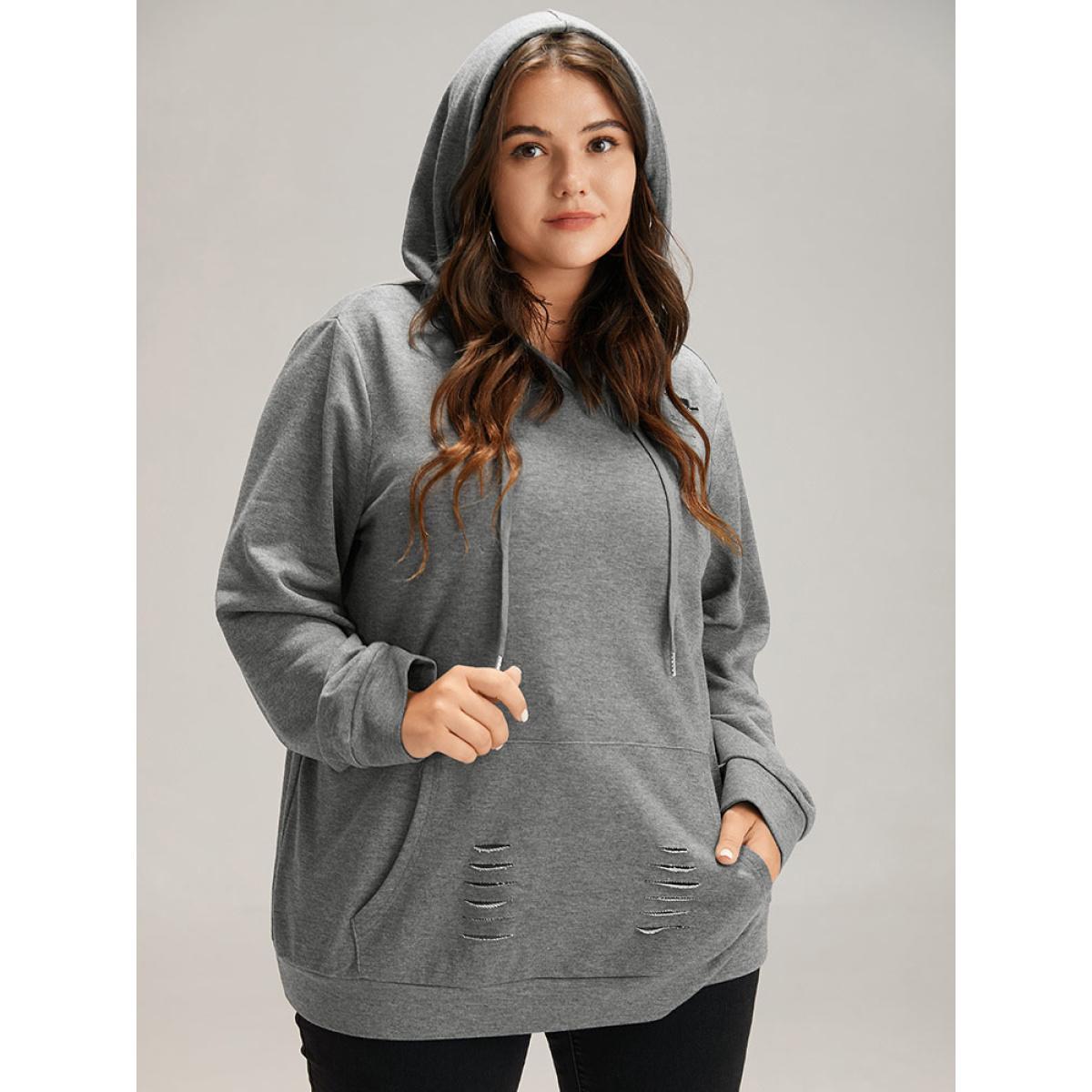 Plus Size Plain Distressed Hooded Drawstring Sweatshirt Women DimGray Casual Elastic cuffs Hooded Dailywear Sweatshirts BloomChic 26/4X Product Image