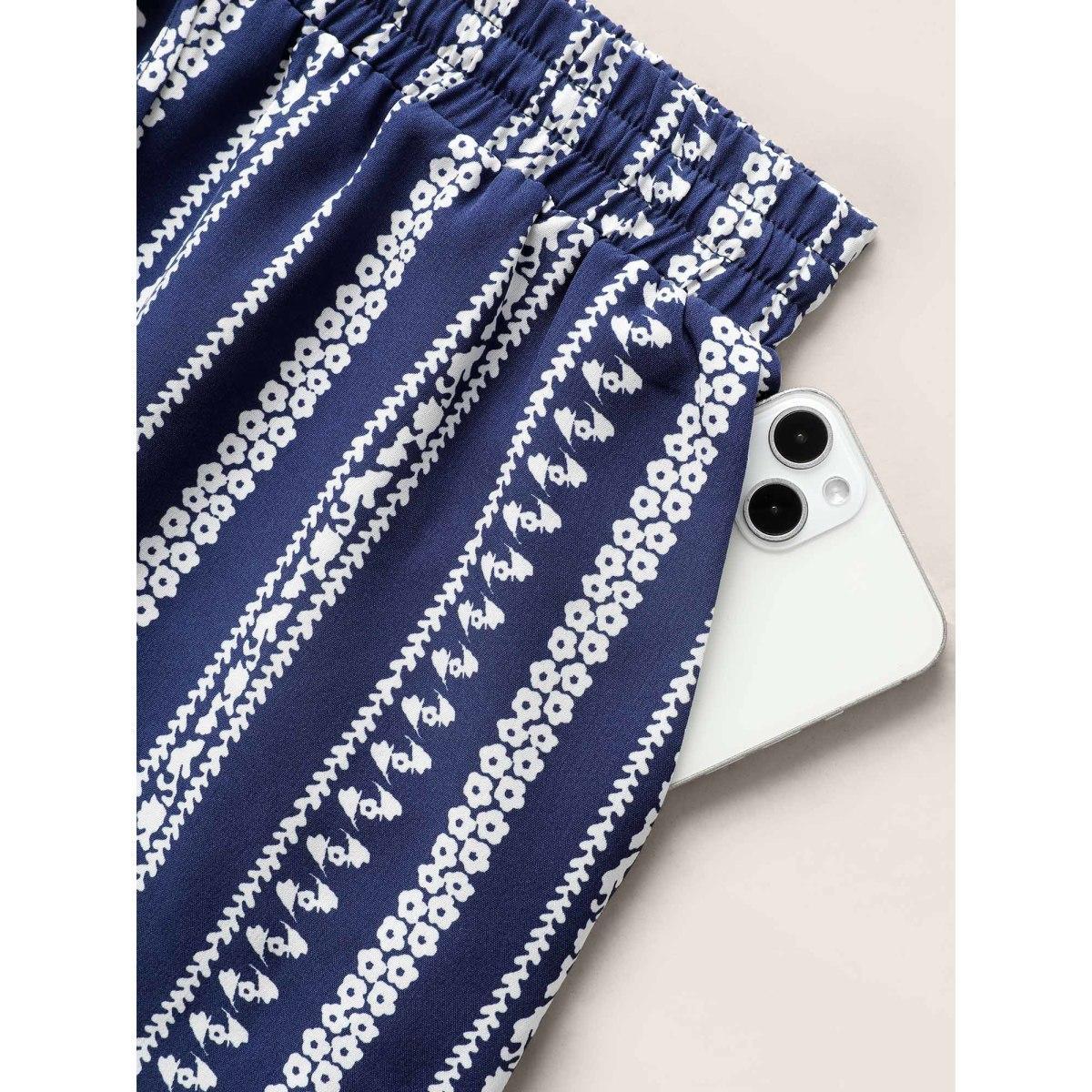 Plus Size Bandana Striped Tassel Drawstring Wide Leg Pants Women DarkBlue Resort Wide Leg Mid Rise Vacation Pants BloomChic 22-24/3X Product Image