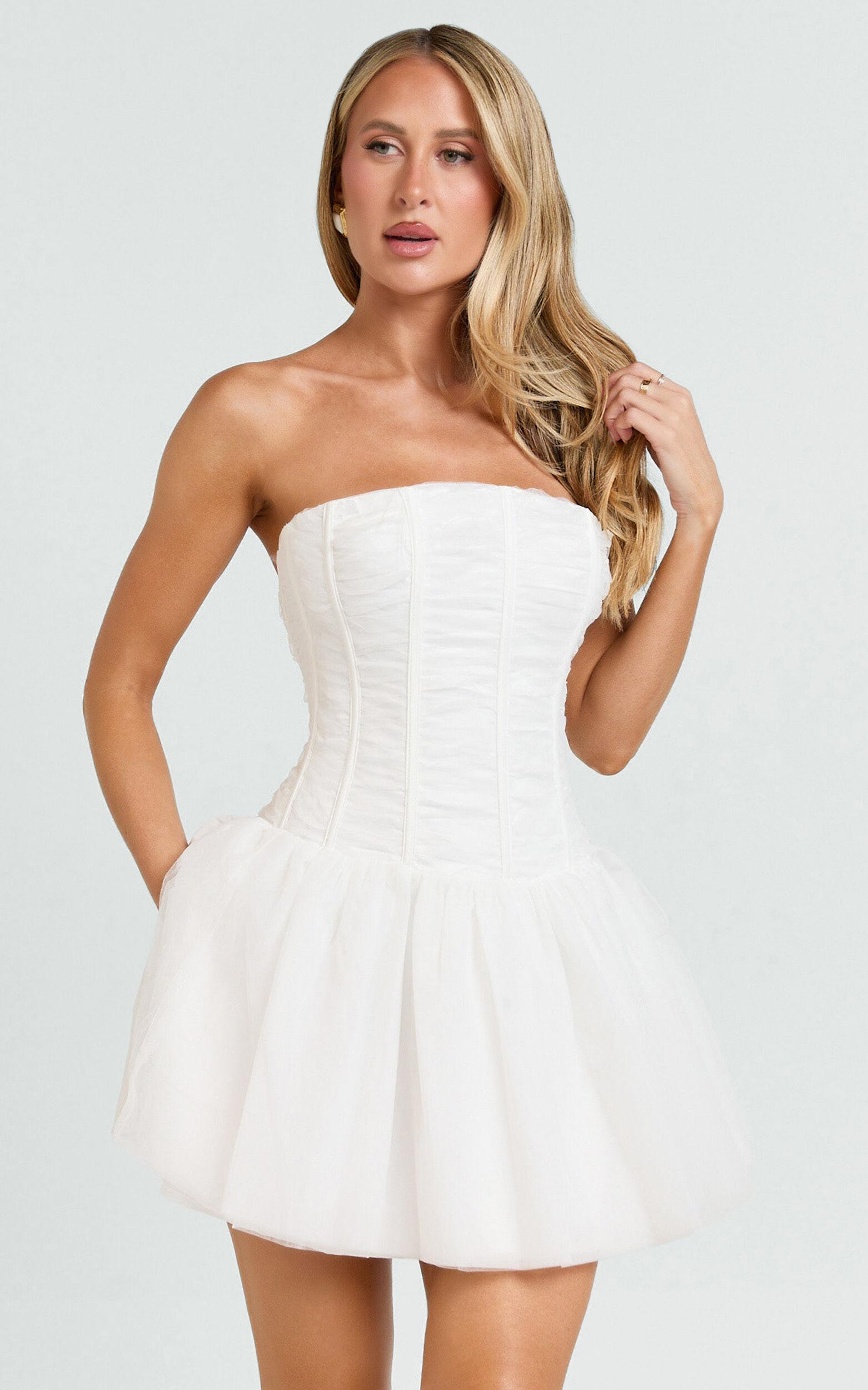 Selene Mini Dress - Ruched Corset Gathered Skirt Dress in Ivory Product Image