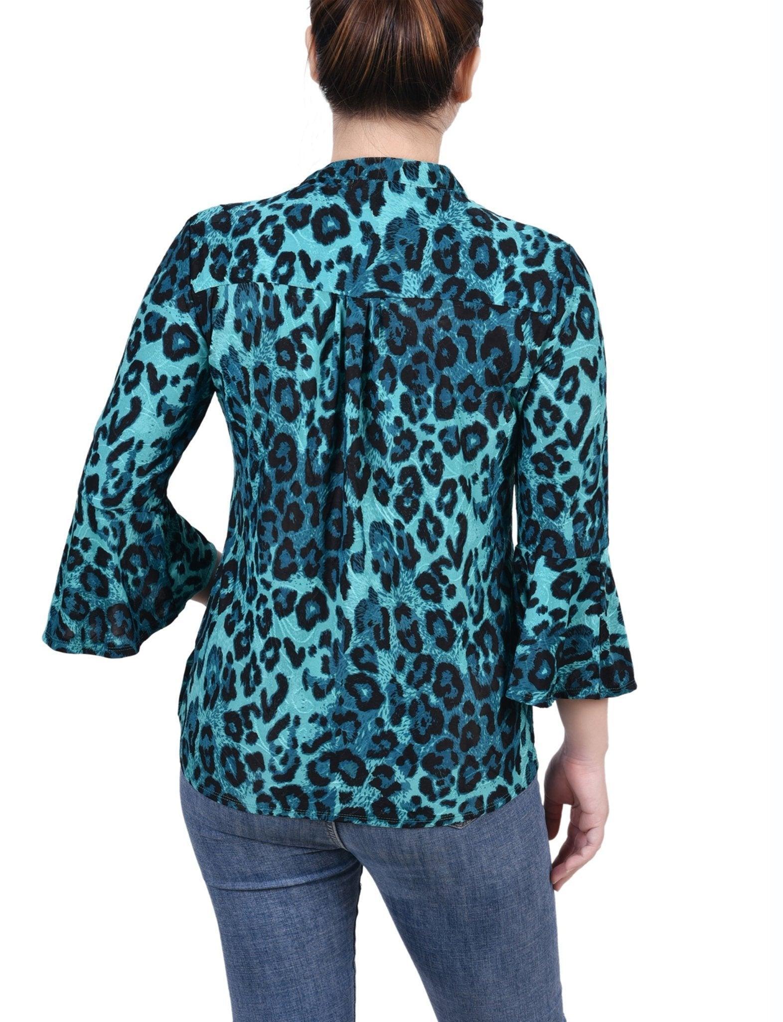 Dark Teal Skin 3/4 Bell Sleeve Pleat Front Y Neck Top - Petite Product Image