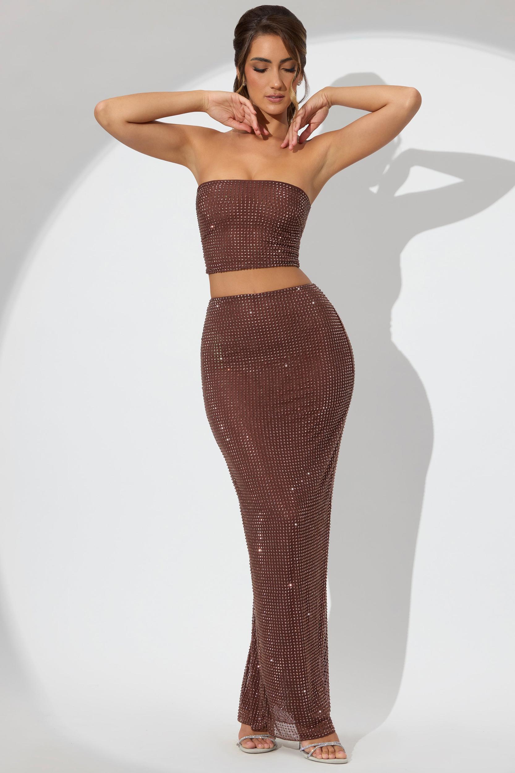 Embellished Mid Rise Maxi Skirt in Espresso Product Image